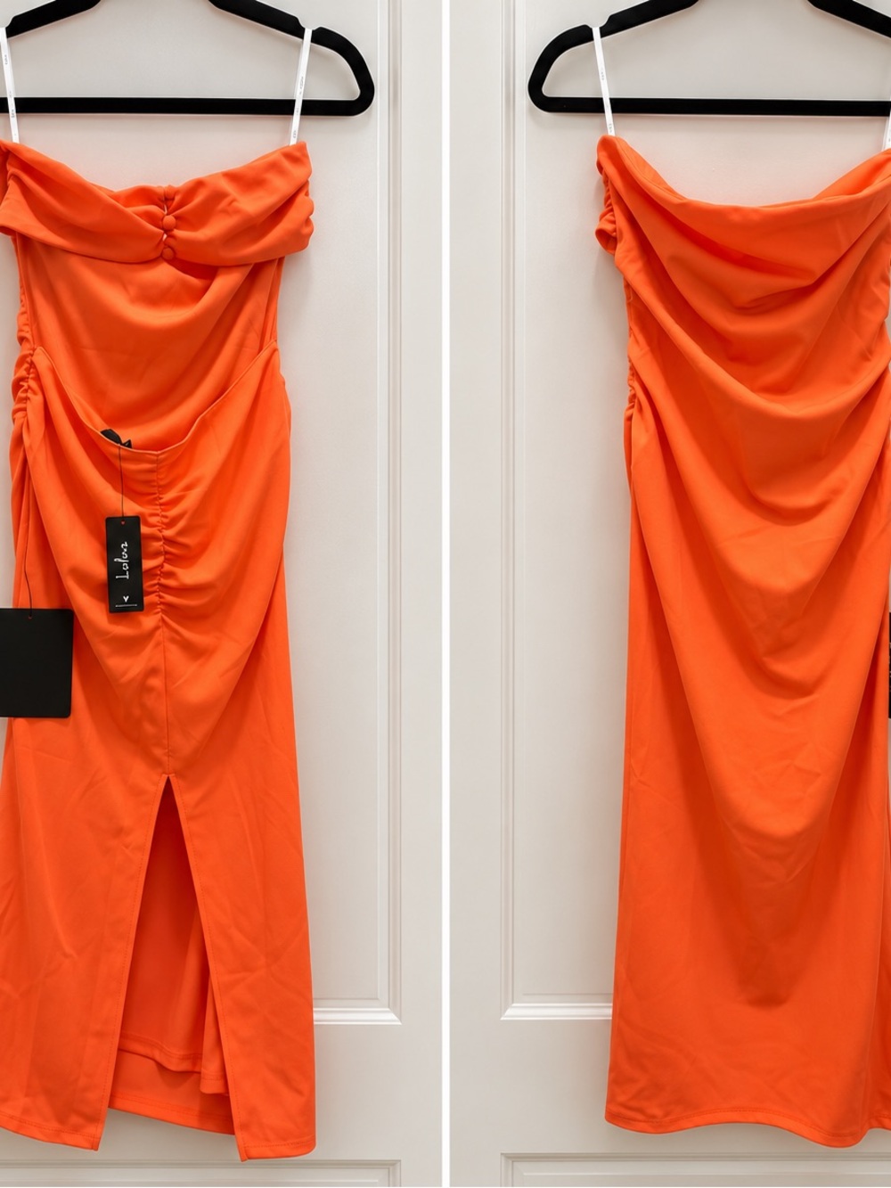 Lulus Hot Orange Strapless Ruched Midi Dress – Size Medium – NWT